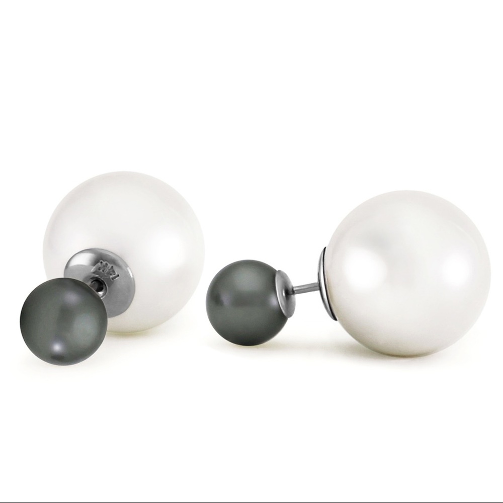 14K. GOLD  BLACK/WHITE SHELL PEARLS STUD EARNINGS - Picture 2 of 3